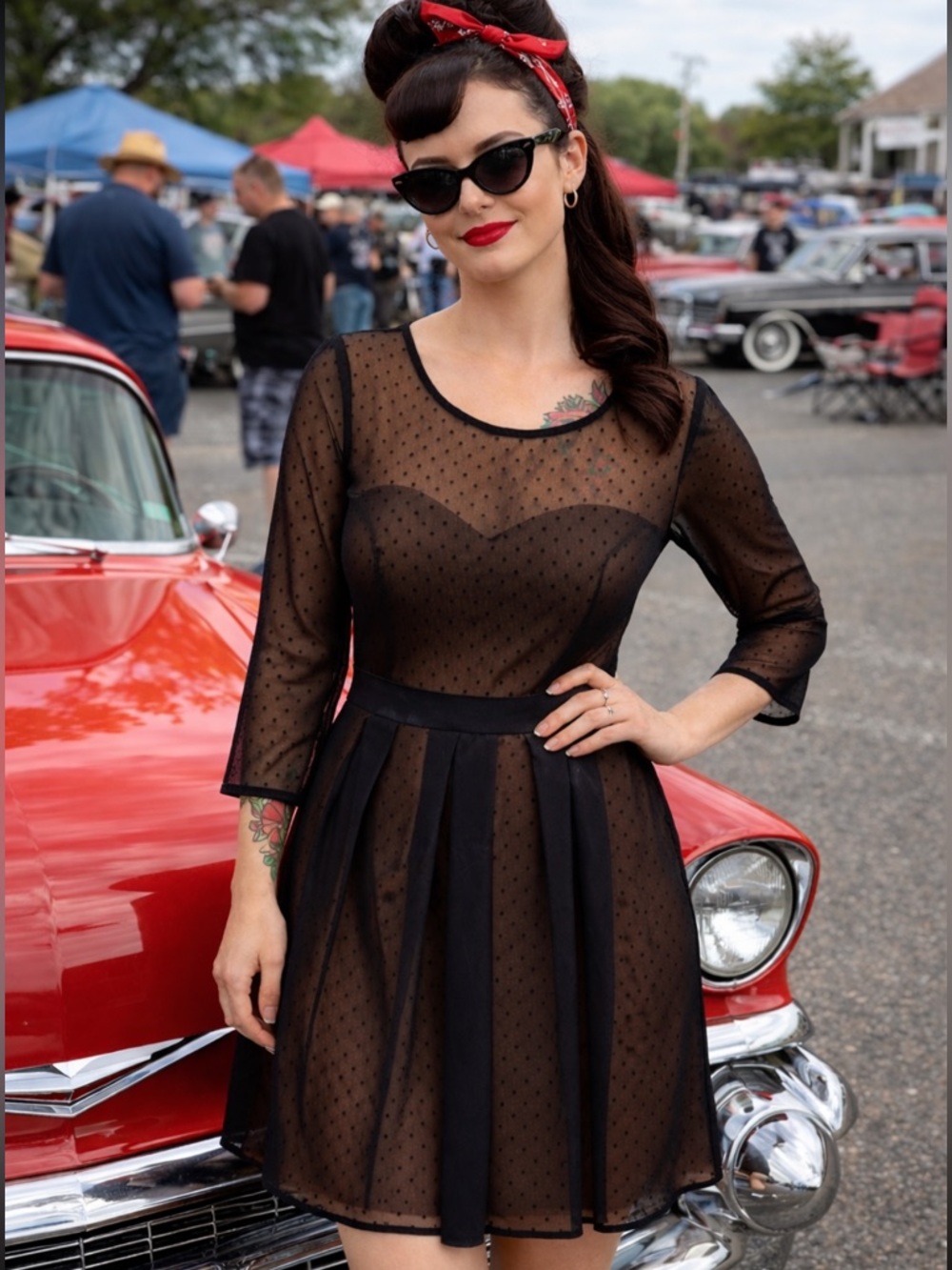 PINUP H&M SHEER DOT OVER NUDE SLIP DRESS 3/4 SLEEVE SEMI PLEATED